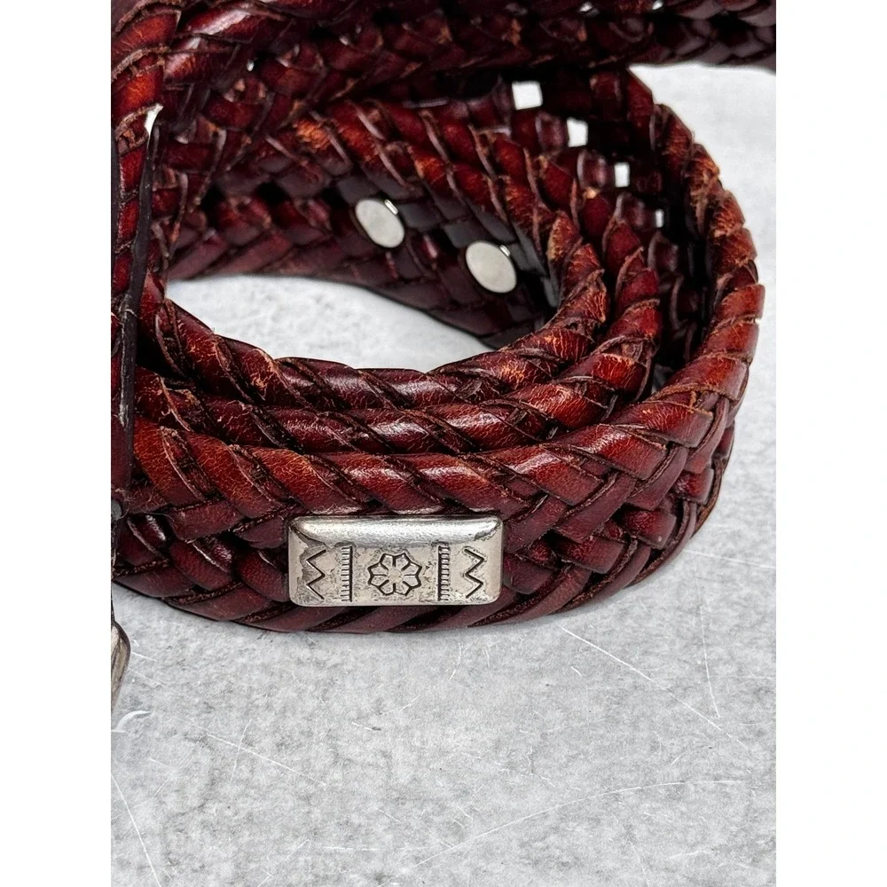 Fossil Mens Brown Braided Woven Genuine Leather Belt Silver Hardware BT2279200 M